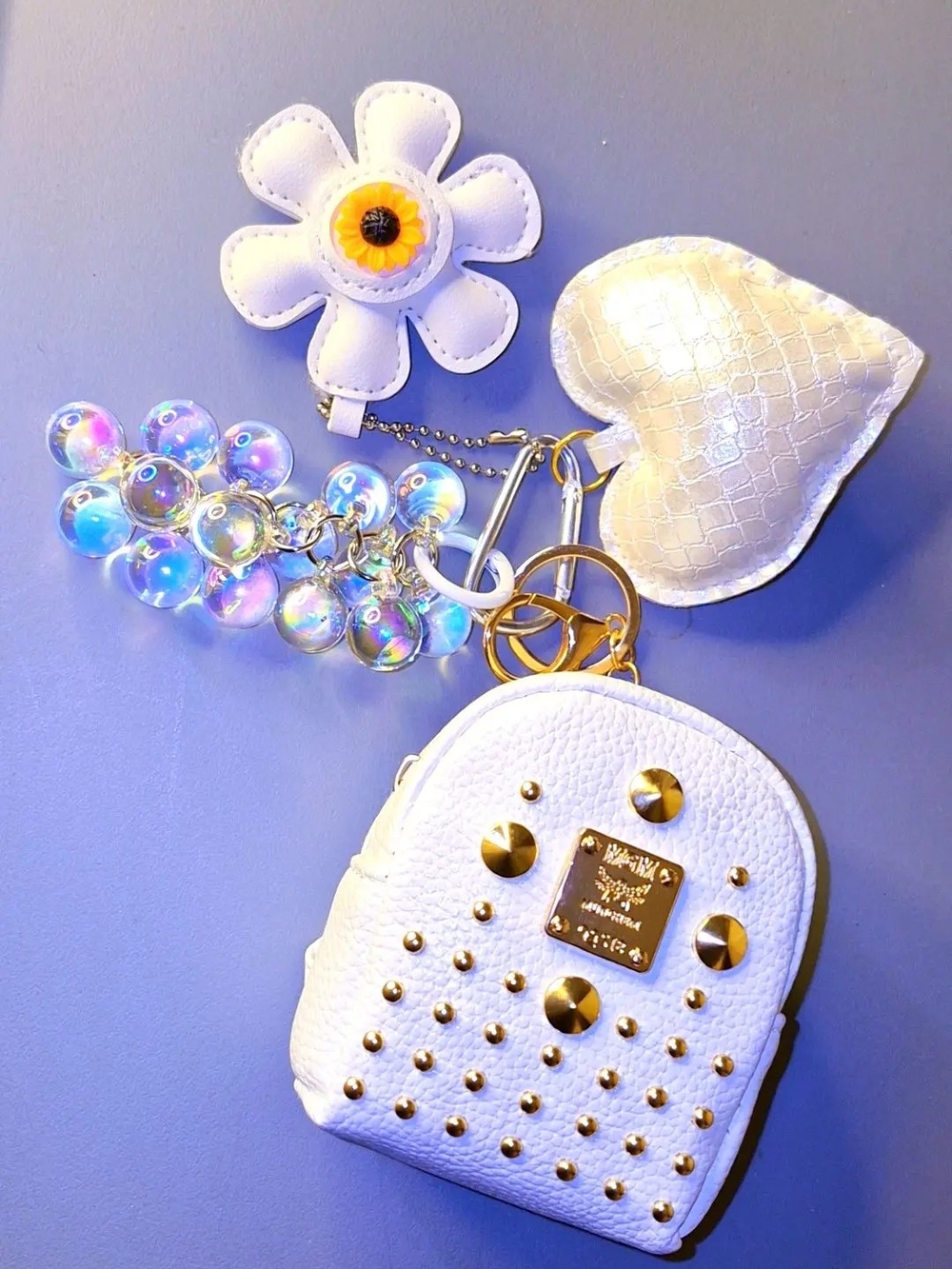 Mini White Studded Backpack Bag Charm with Gold Accents